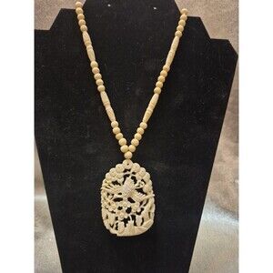 VTG Celluloid Necklace Pendant Bird Flowers Intircate Design